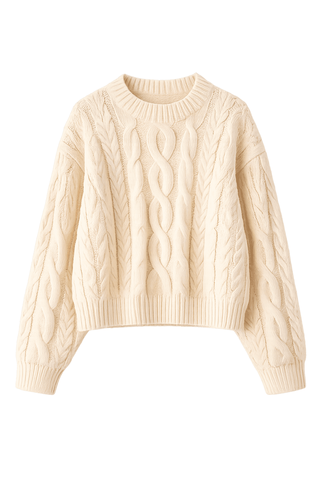 Beige cable knit sweater on a white background