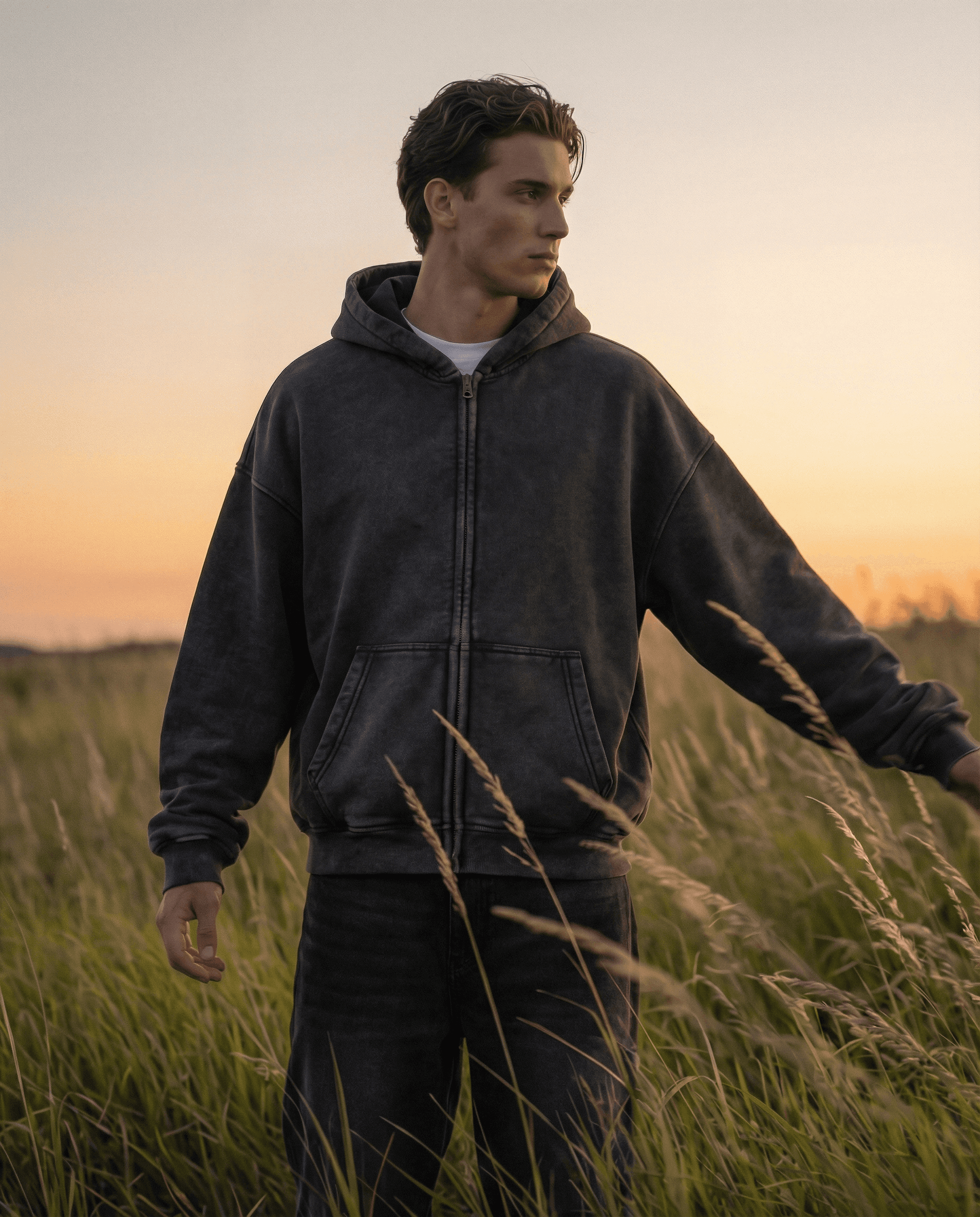 Man wearing a dark hoodie standing in a field at sunset