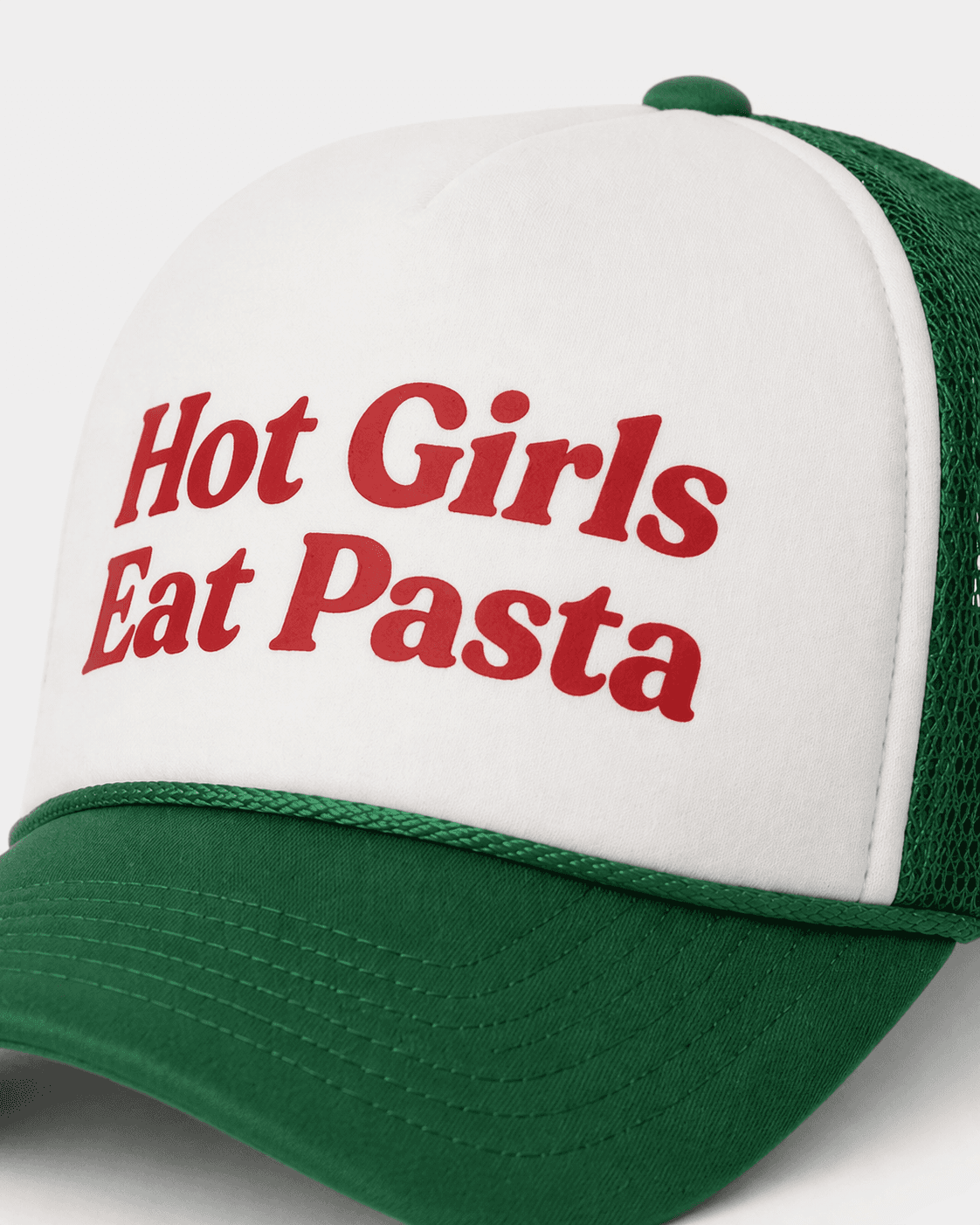 Green and white cap with 'Hot Girls Eat Pasta' text on a white background