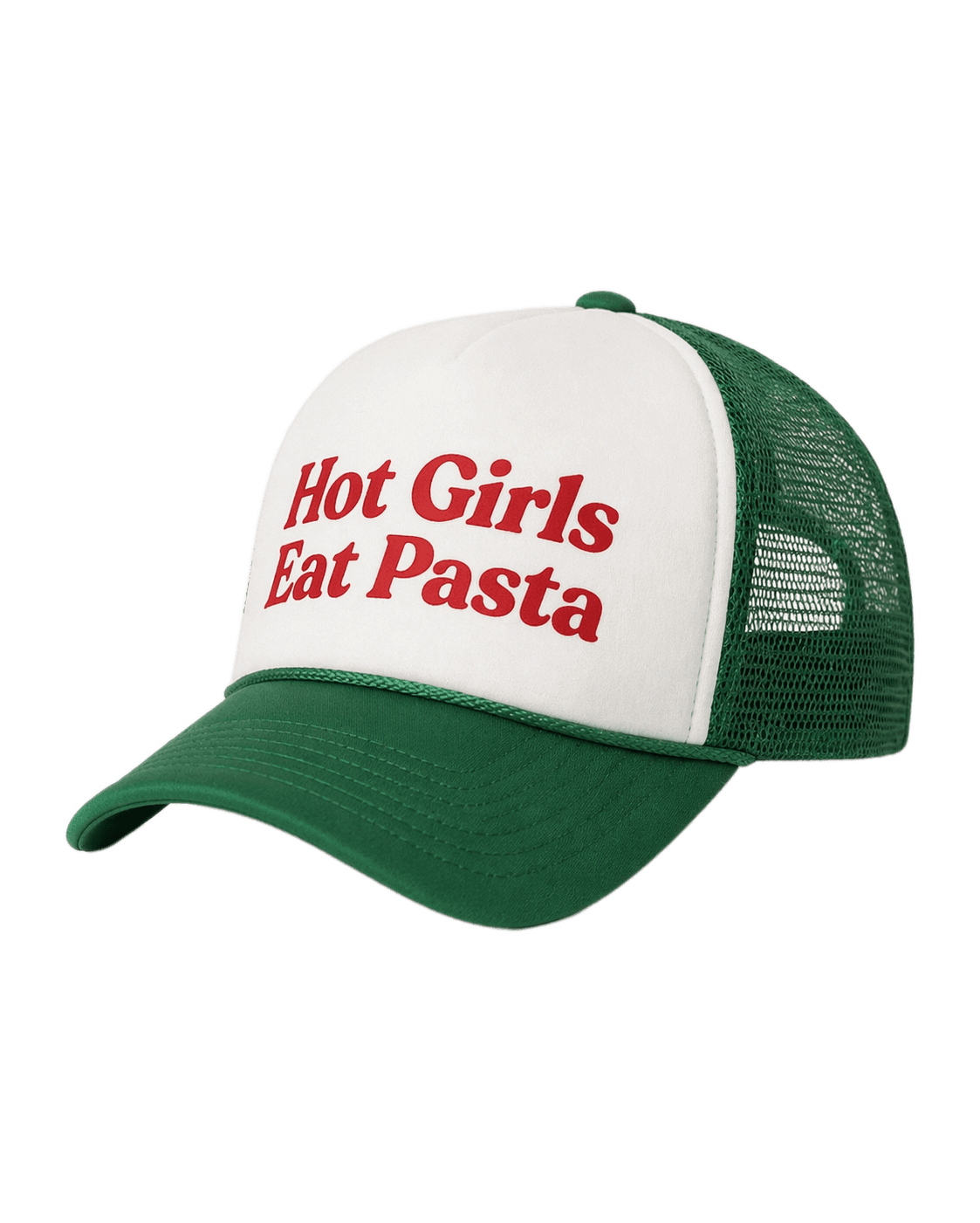 Green and white cap with 'Hot Girls Eat Pasta' text on a white background