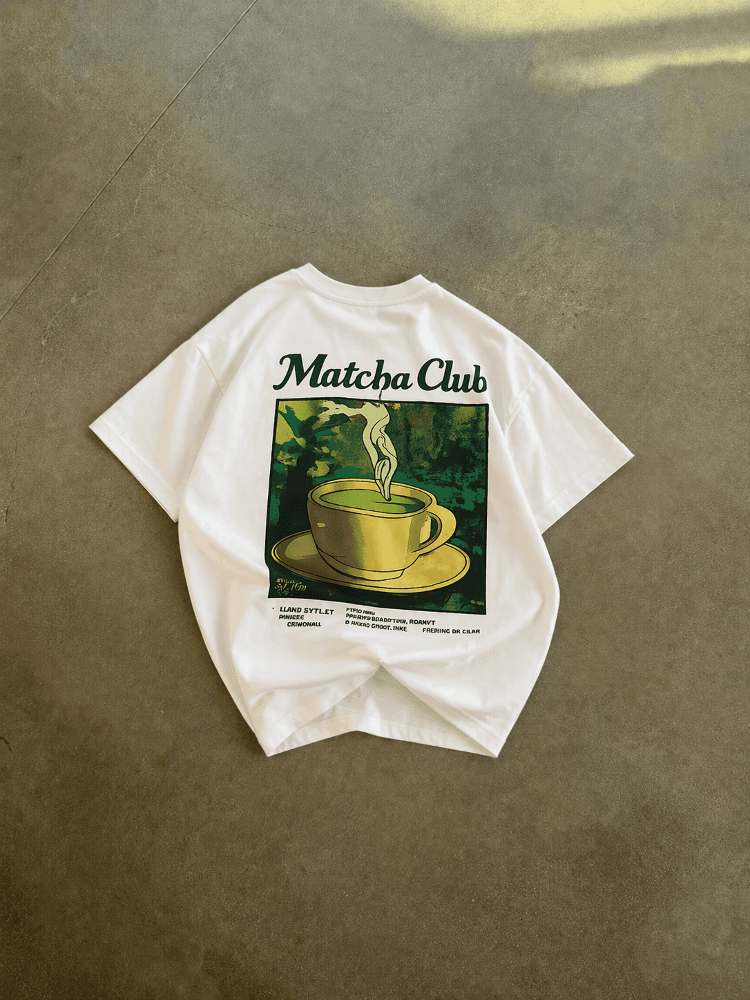 White t-shirt with Matcha Club graphic on a concrete surface