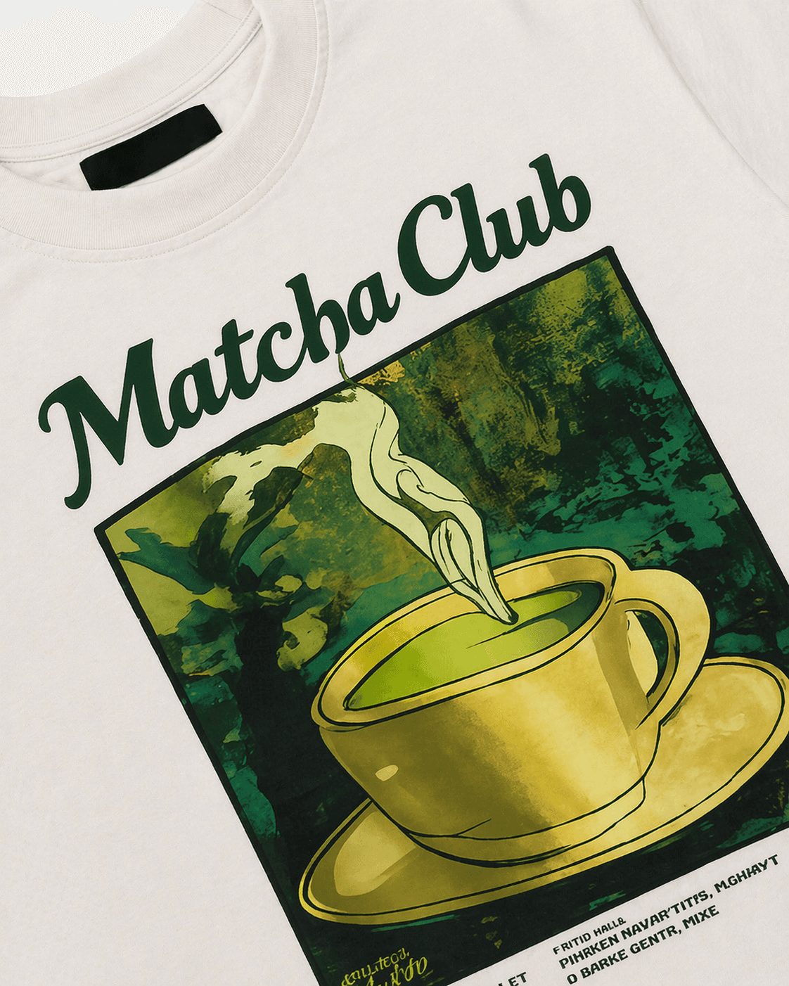White t-shirt with 'Matcha Club' design featuring a teacup and green leaf.