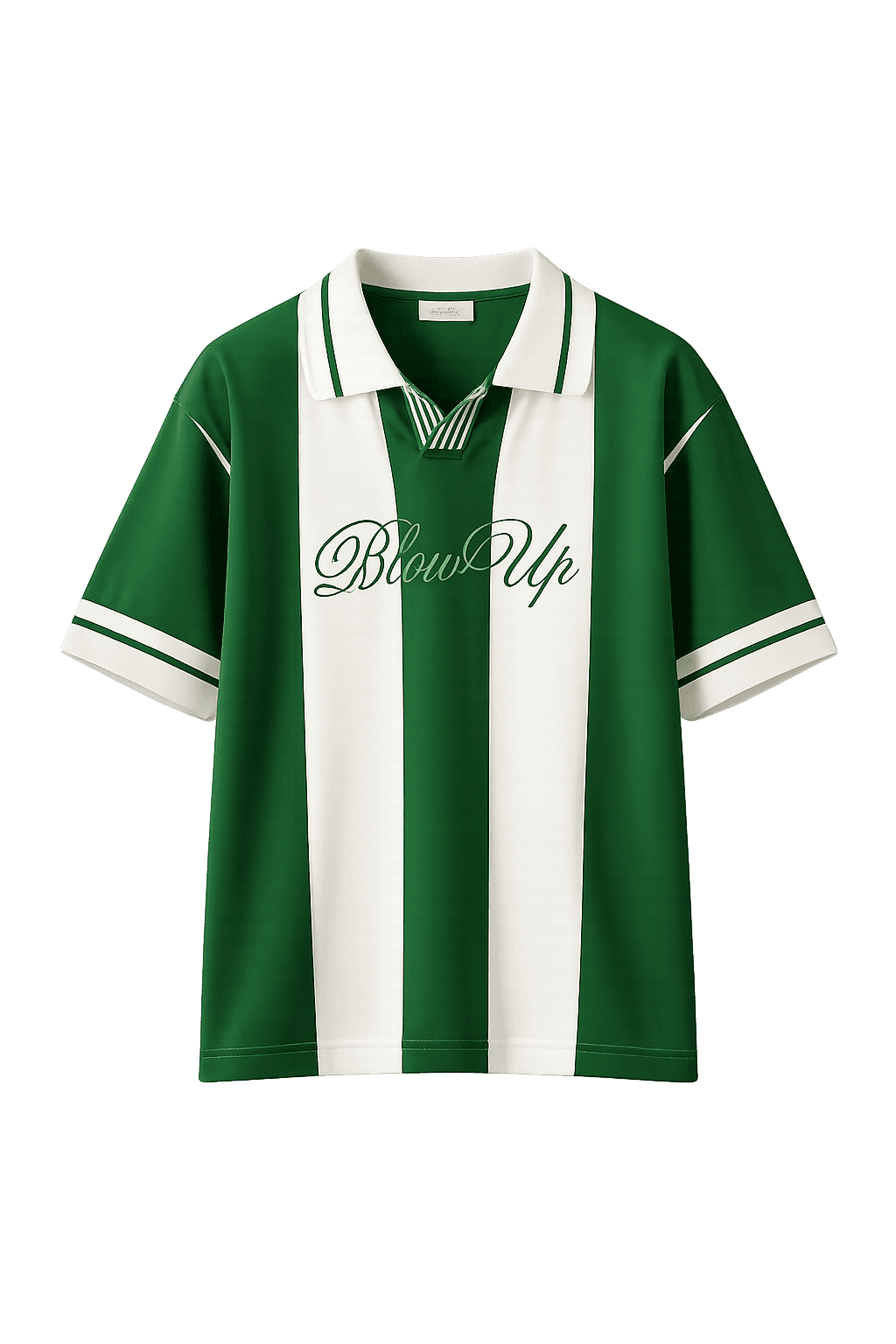 Green and white striped shirt with 'Blow Up' logo on a white background