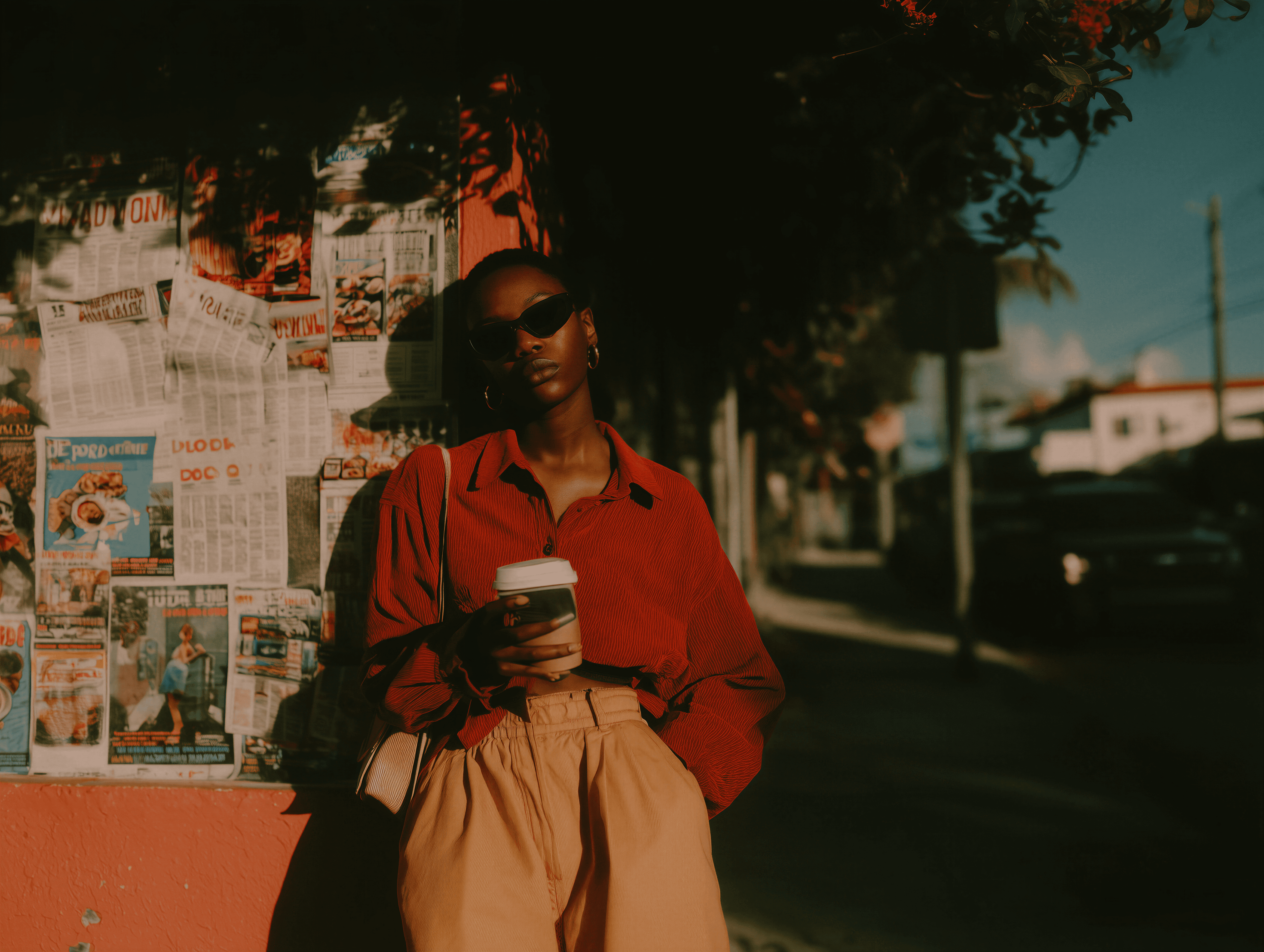A person in a red shirt and beige pants stands with a coffee cup in hand, leaning against a wall covered in newspaper clippings, casting a shadow on a sunny urban street.