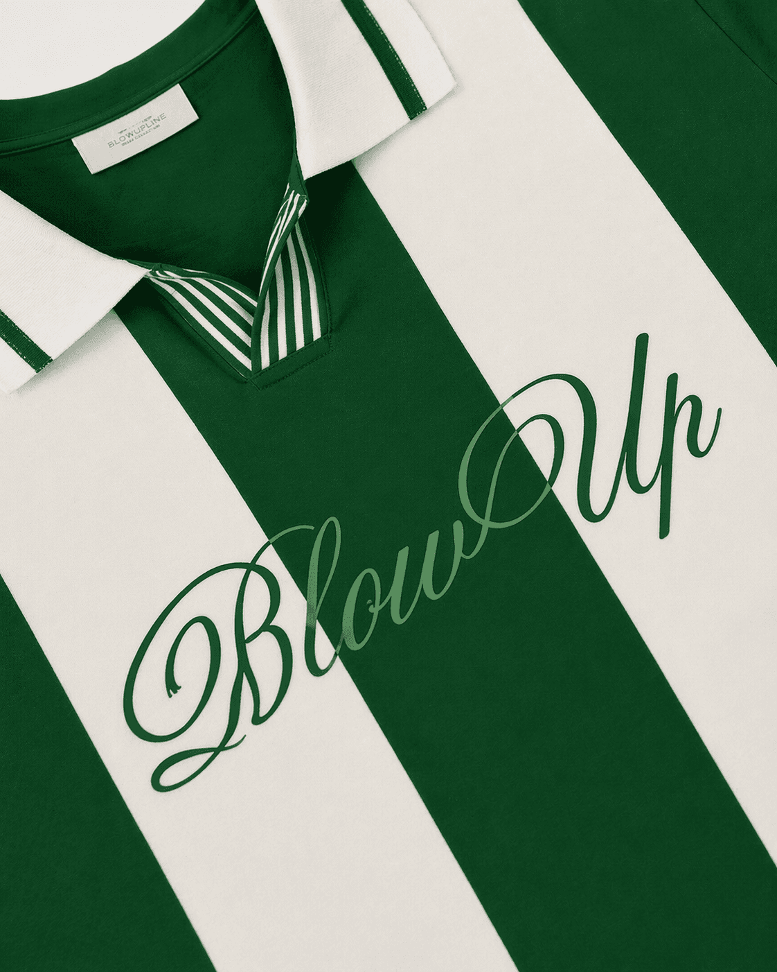 Green and white striped shirt with 'Blow Up' text on a white background