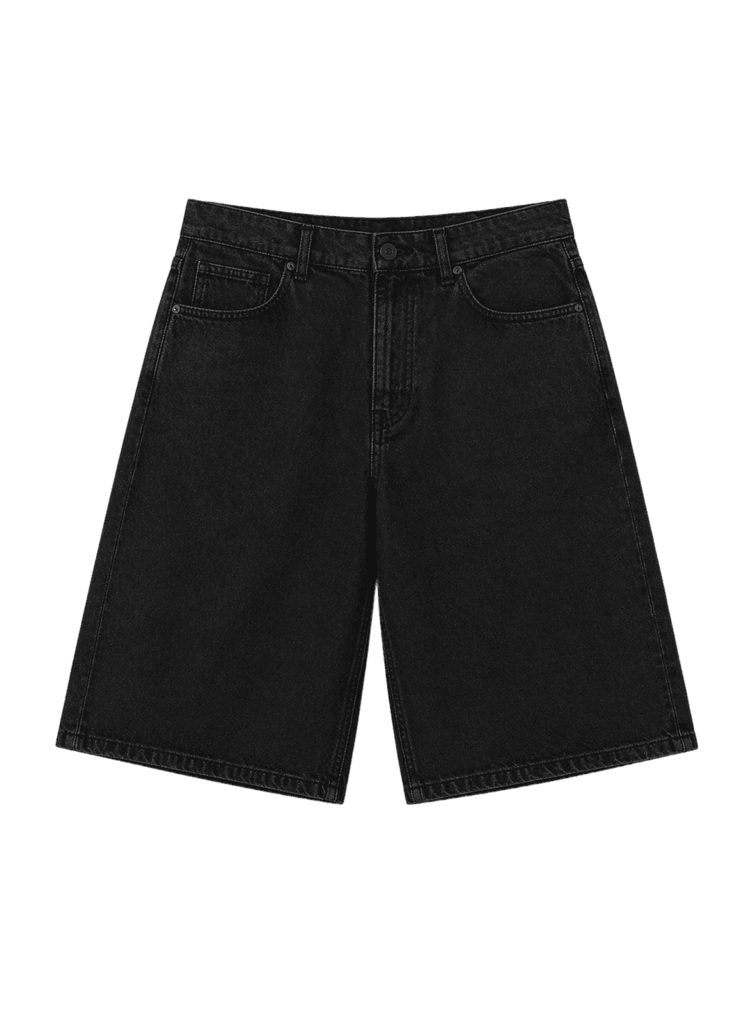 Black denim shorts on a white background