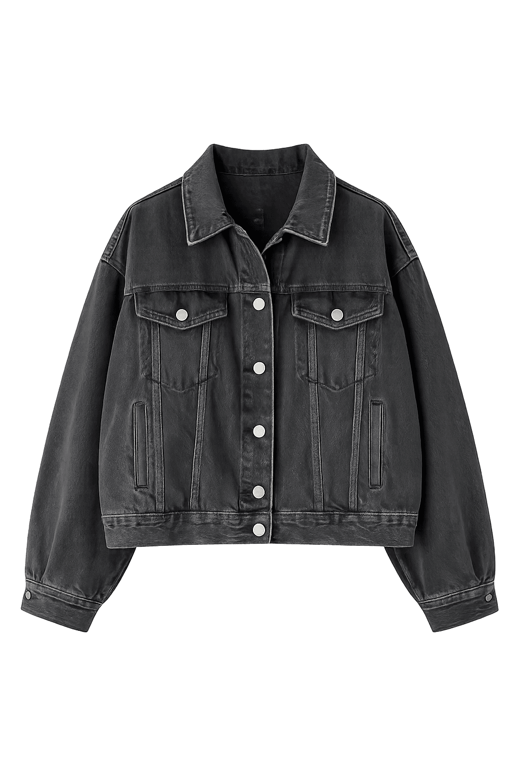 Black denim jacket on a white background