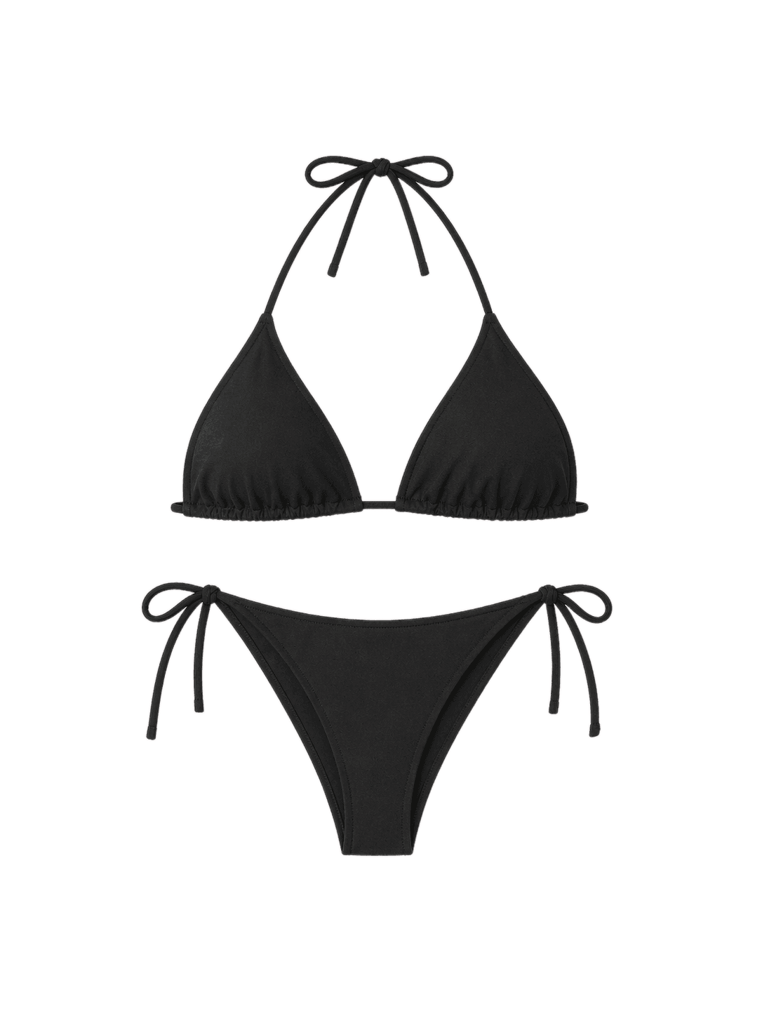 Black bikini set with triangle top and string sides on a white background
