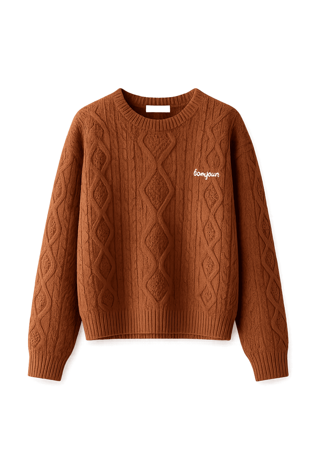 Brown cable knit sweater with 'Gant' logo on a white background