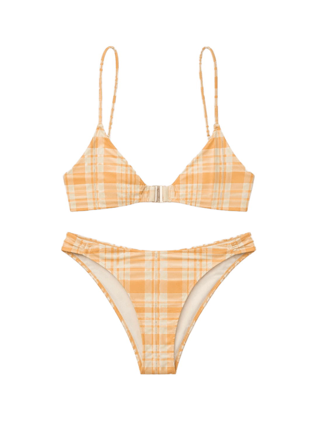 Plaid bikini set with orange and white pattern on a white background